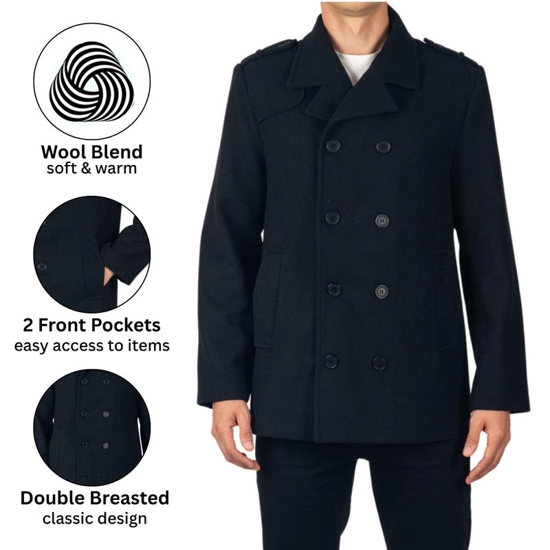 Alpine Swiss Jake Mens Wool Pea Coat Double Breasted Jacket Black LRG - Image 2